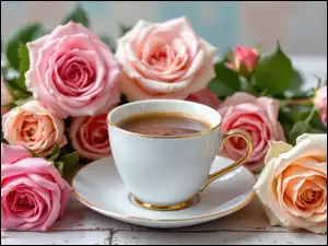 Biała, Kawa, Róże, Kwiaty, Filiżanka