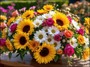 Słoneczniki, Róże, Stół, Kwiaty, Wazon, Bukiet, Stokrotki