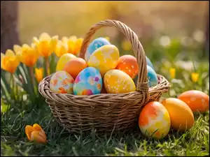 Koszyk, Kolorowe, Krokusy, Wielkanoc, Kwiaty, Trawa, Pisanki