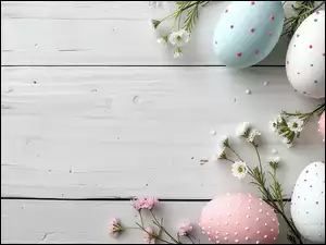 Białe, Wielkanoc, Pisanki, Różowe, Kolorowe, Gałązki, Kwiaty, Nakrapiane