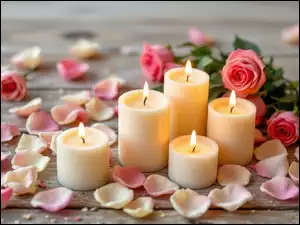 Róże, Świeczki, Płatki