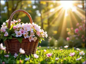 Kwiaty, Promienie słońca, Biało-różowe, Łąka, Koszyk