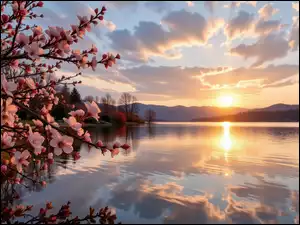 Gałęzie, Różowe, Grafika AI, Kwitnące, Zachód słońca, Jezioro, Kwiaty