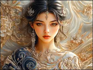 Kobieta, Grafika, Biżuteria, Ornament, Makijaż, Kwiaty