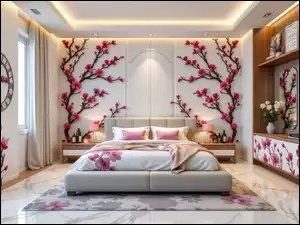 Łóżko, Telewizor, Zegar, Sypialnia, Lampki, Dekoracje, Kwiatowe