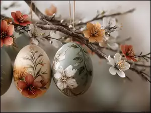 Trzy, Wielkanoc, Gałązka, Grafika AI, Pisanki, Kwiaty