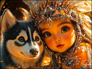 Pies, Grafika AI, Pióropusz, Dziewczynka, Szczeniak