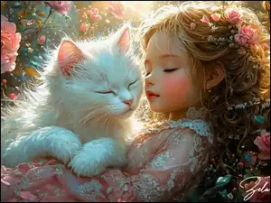 Dziewczynka, Śpiąca, Kot, Grafika AI, Biały, Kwiaty