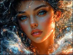 Niebieskie, Kobieta, Rozświetlone, Grafika AI, Oczy, Tło