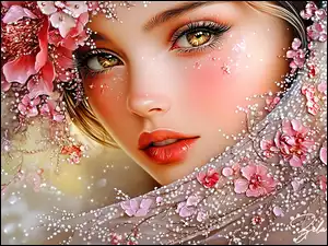 Spojrzenie, Grafika, Twarz, Kobieta, Kwiaty