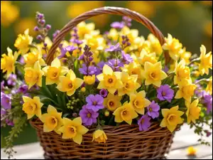 Fioletowe, Żółte, Koszyk, Kwiaty, Wiklinowy, Bukiet, Narcyzy żonkile
