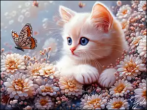 Kwiaty, Grafika AI, Kotek, Kot, Motyle
