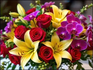 Fioletowe, Kwiaty, Czerwone, Storczyki, Żółte, Róże, Bukiet, Lilie