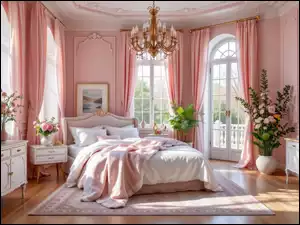 Zasłony, Łóżko, Różowe, Lustro, Żyrandol, Komody, Kwiaty, Sypialnia, Bukiety