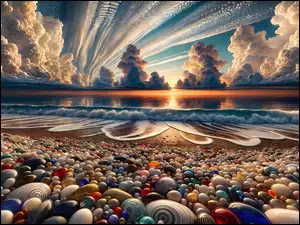Kolorowe, Kamienie, Grafika AI, Plaża, Chmury, Niebo, Morze