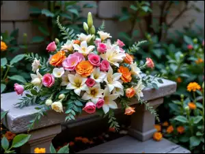 Betonowa, Kolorowe, Lilie, Ławka, Kwiaty, Róże, Bukiet, Białe