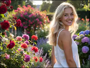 Uśmiechnięta blondynka obok kwiatów w ogrodzie