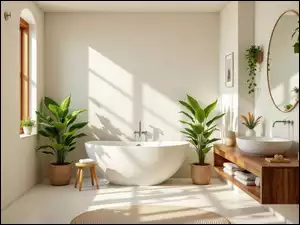 Szafki, Łazienka, Kwiaty, Taboret, Wanna, Lustro, Dywan, Umywalka