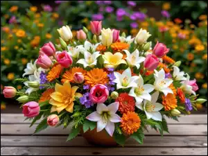 Tulipany, Lilie, Bukiet, Kwiaty, Stół, Wazon, Aksamitki