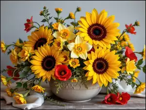 Wazon, Kwiaty, Narcyzy, Stół, Słoneczniki, Bukiet, Tkanina, Maki