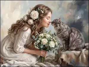 Róże, Grafika, Kwiaty, Dziewczyna, Kot