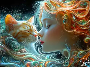 Kobieta, Rudowłosa, Profil, Grafika, Twarz, Kot