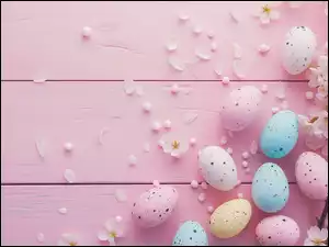 Tło, Kolorowe, Różowe, Białe, Kwiaty, Nakrapiane, Pisanki, Wielkanoc, Gałązki