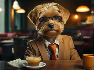 Ubranie, Marynarka, Grafika, Pies, Kawa, Okulary, Krawat