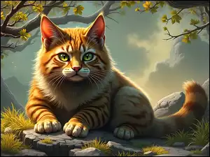 Grafika AI, Kot, Zielone, Oczy