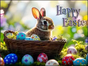 Happy Easter, Koszyk, Napis, Mech, Kwiaty, Królik, Kolorowe, Wielkanoc, Pisanki