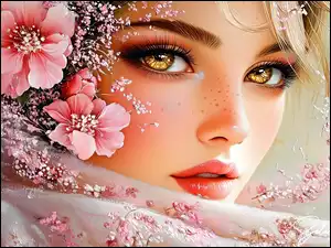 Oczy, Grafika AI, Piwne, Kobieta, Kwiaty