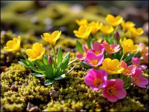 Mech, Różowe, Żółte, Kwiaty