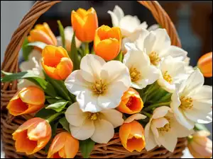 Pomarańczowe, Tulipany, Koszyk, Kwiaty, Wiklinowy, Kamelie, Kremowe