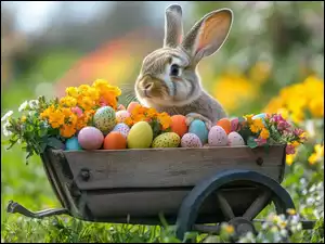 Królik, Pisanki, AI, Wielkanoc, Drewniany, Wózek, Kwiaty