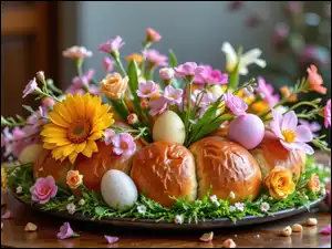 Kolorowe, Kwiaty, Wielkanoc, Chleb, Stół, Talerz, Pisanki
