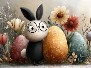 Zajączek i trzy pisanki wśród kwiatów