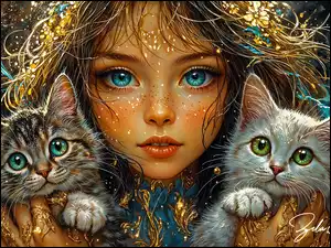 Dziewczynka o niebieskich oczach trzymająca dwa koty