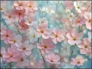 Różowe i białe kwiaty na niebieskim tle