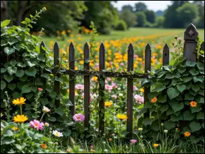 Kwiaty na łące i płot porośnięty pnącym bluszczem