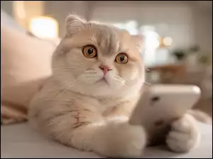 Kot, Beżowy, Telefon, Grafika AI, Kanapa, Komórka