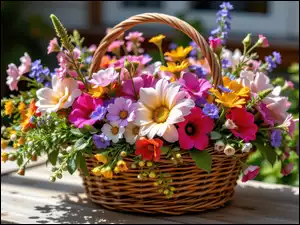 Bukiet, Stół, Kolorowe, Kwiaty, Koszyk