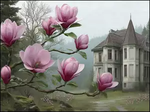 Magnolie na tle willi pod lasem