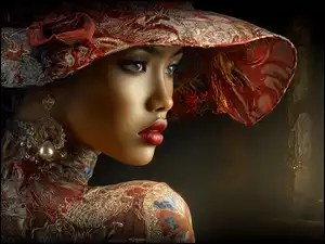 Półprofil, Kobieta, Kapelusz, Grafika, Twarz, Kolczyk