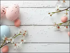 Nakrapiane pisanki i białe kwiaty na gałązkach na białych deskach