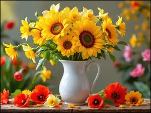 Maki na stole obok słoneczników w wazonie