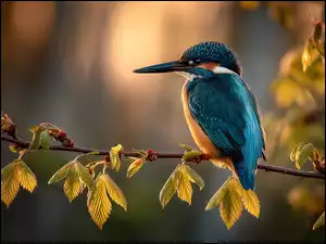 Zimorodek, Ptak, Młode, Grafika AI, Gałązka, Listki