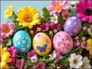 Pisanki, Różowe, Grafika AI, Kolorowe, Wielkanoc, Kwiaty, Żółte