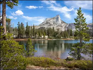 Stany Zjednoczone, Cathedral Lake, Kalifornia, Cathedral Peak, Drzewa, Park Narodowy Yosemite, Góry, Jezioro, Szczyt