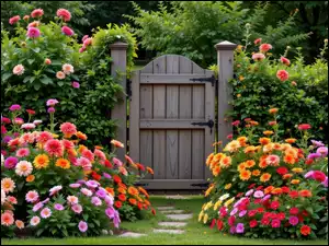 Drzewa, Drewniana, Cynie, Kwiaty, Dalie, Furtka, Kwitnące, Ogród, Kolorowe