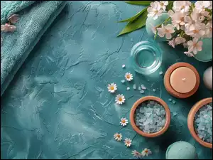 SPA, Kwiaty, Tło, Świece, Niebieskie, Ręcznik, Miseczki, Białe, Kryształki